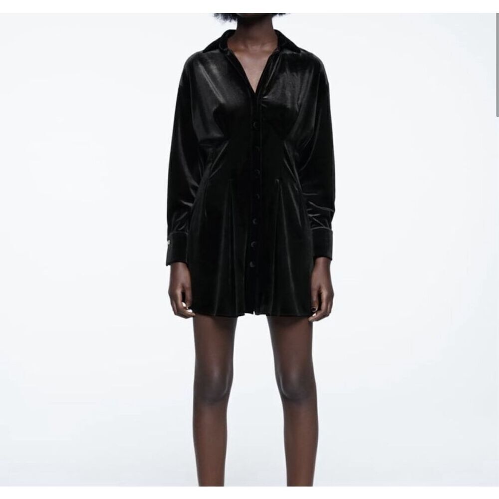 Zara Black Velvet V Neck Long Sleeve Pleated Button Front Shirt Dress Size XS